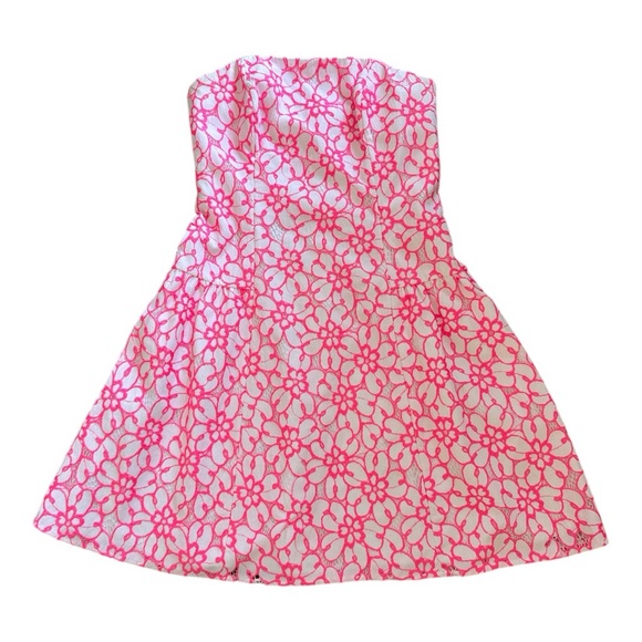 $268 Lilly Pulitzer Strapless Jordan Dress Size 4 Fiesta Pink Pique Lace - Picture 3 of 11